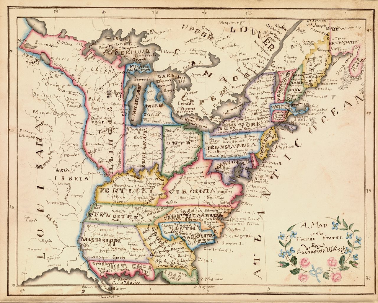 "A Map of the United States," from Catharine M. Cook's <em>Book of Penmanship</em>, made in Windsor, Vermont, in 1818.
