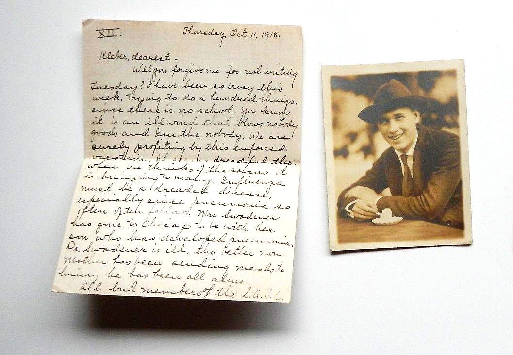 "The package may be small, but you will know it does not need to hold the love I send, for that cannot be confined," Hildreth Heiney wrote to her fiancé in 1918. The man in the photograph, identified as John, may be her brother.