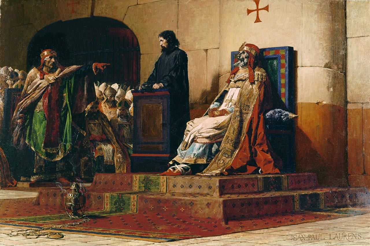An 1870 painting by Jean-Paul Laurens depicts the infamous "Cadaver Synod," when a papal corpse was put on trial.