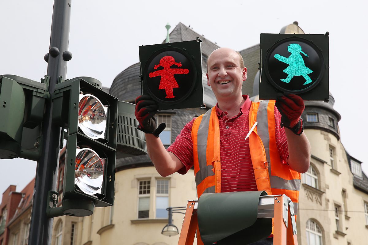 In Leipzig, Germany, the Ampelfrau—"traffic light woman"—replaced some Ampelmännchen signs.