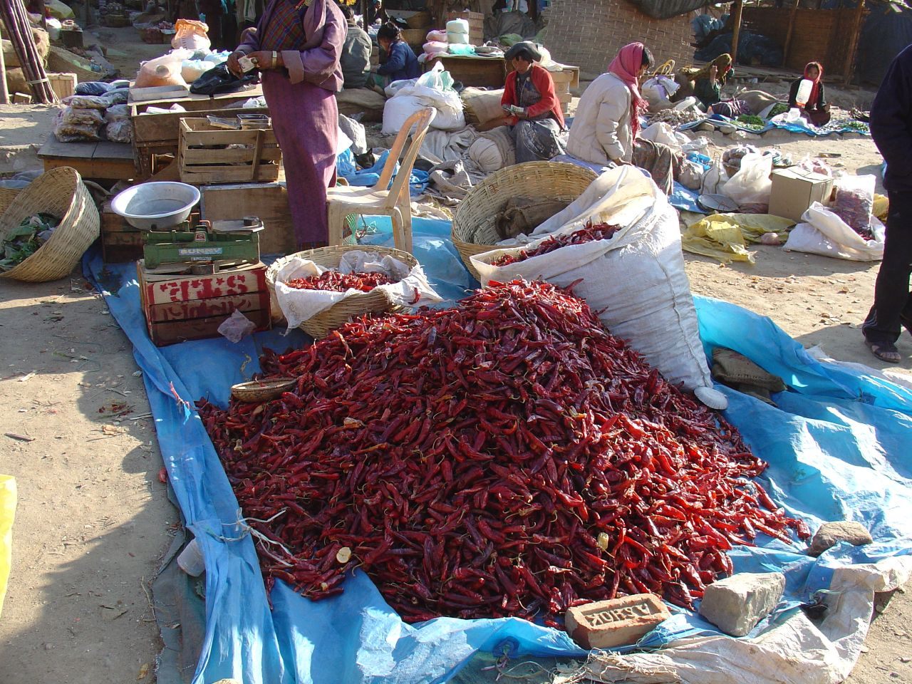 Piles of chillies at Thimpu Market, Bhutan.