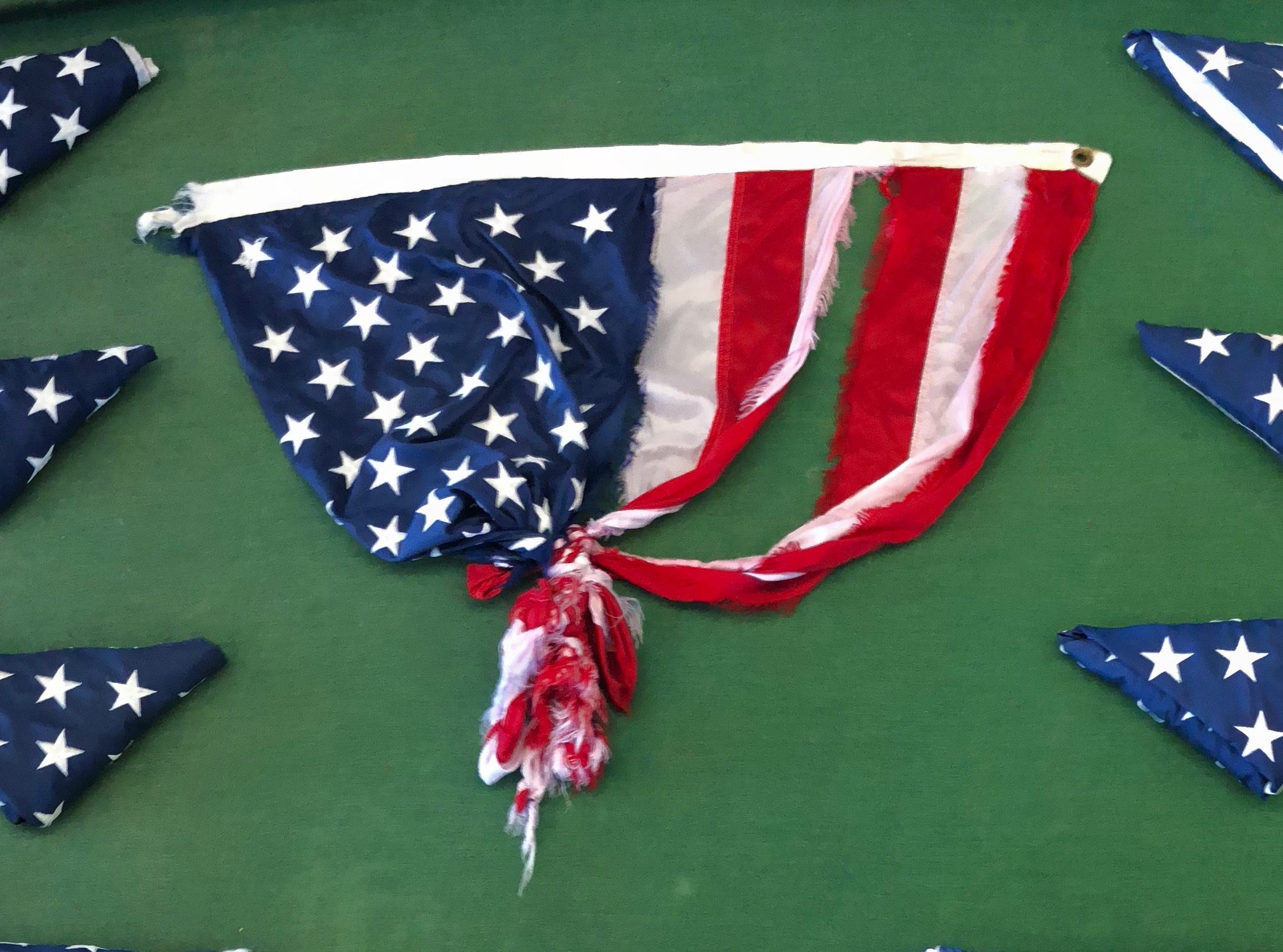 Kevin, retired and flanked by other flags.