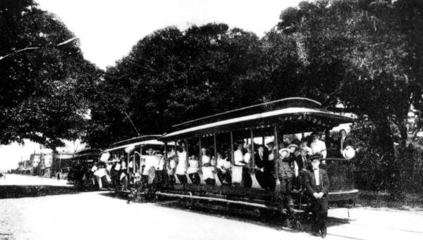 Trolley filled with passengers, Florida, 1890s. 