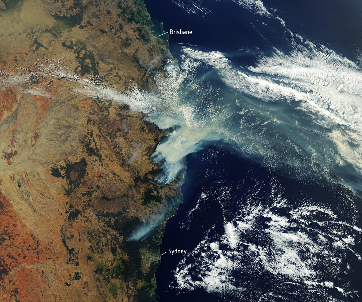 Smoke from wildfires clouds Australia's east coast in this satellite image from December 2019.