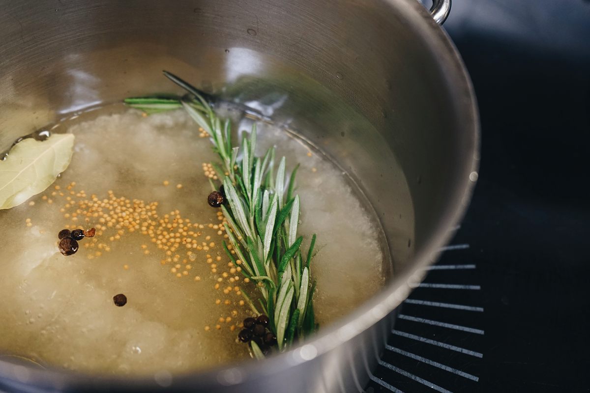 Seitamo has been using his grandmother’s pickling recipe for years: one portion vinegar, two portions sugar, three portions water, a pinch of salt, mustard seeds, rosemary, and bay leaf.