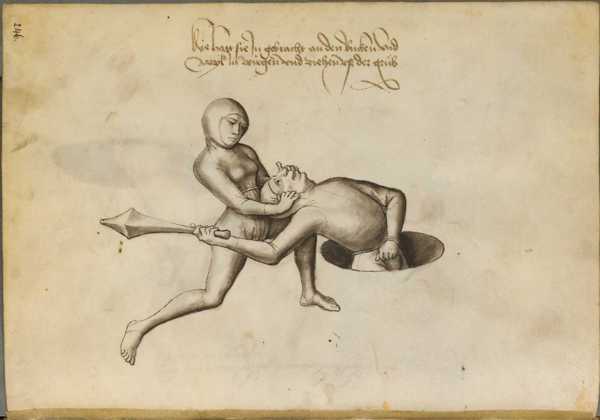 Here Talhoffer depicts a woman grabbing her male foe by the fabric of his cap.