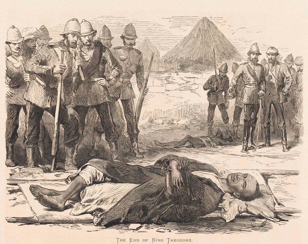 A wood engraving published in a London newspaper depicting Tewodros after his death.