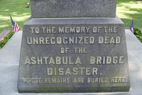 One side of the base of the Ashtabula Bridge Disaster Monument.