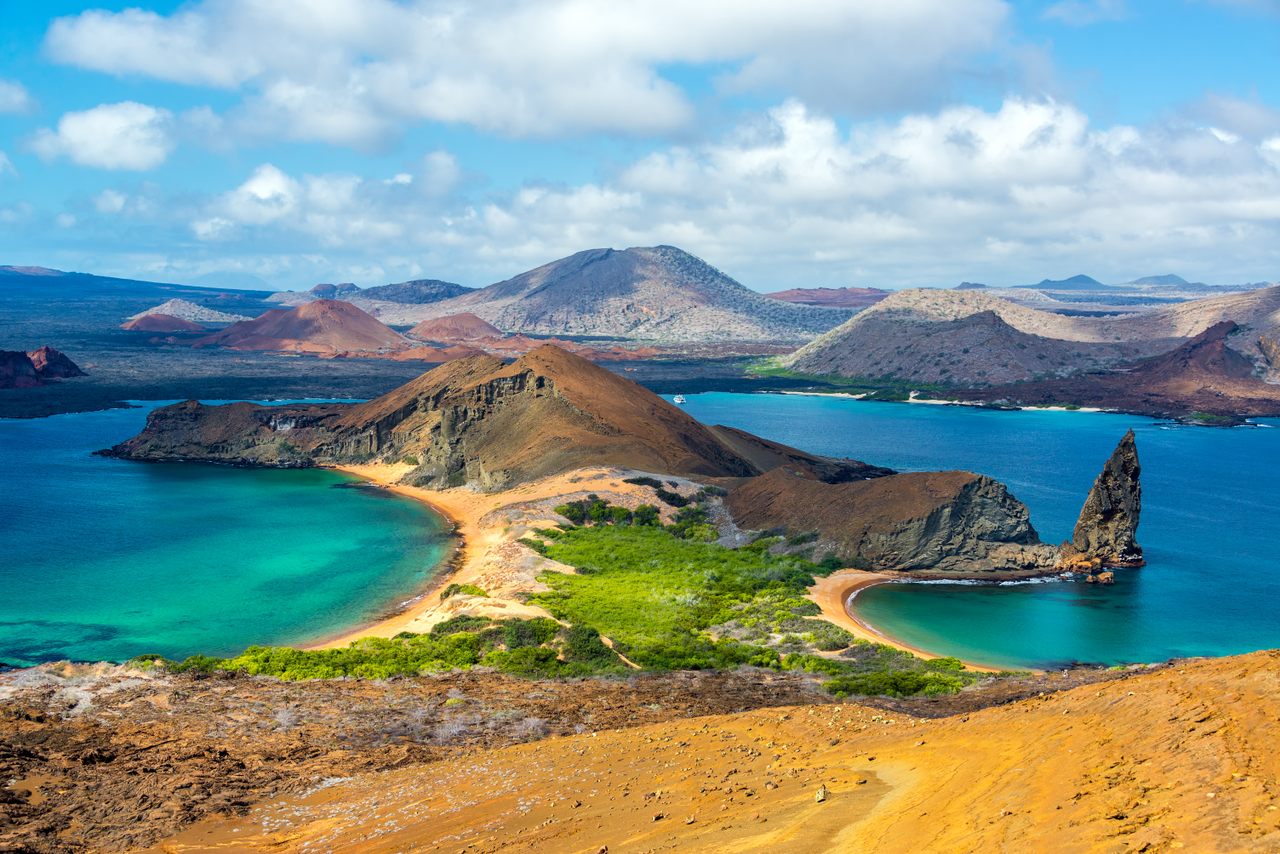 A scenic view of two beaches in the Galápagos. 
