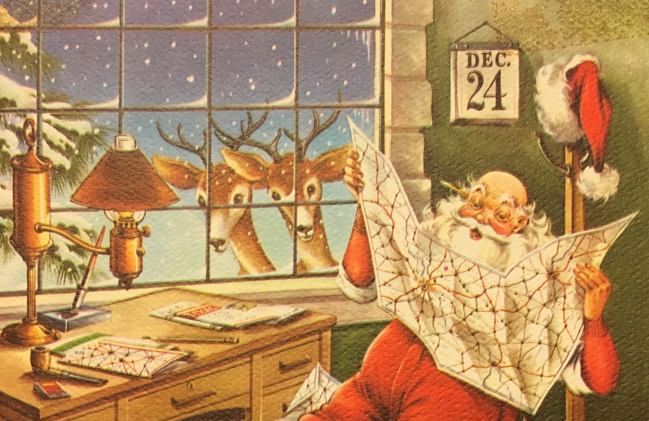 Santa plotting his route, from a holiday card in the New York Public Library collection.