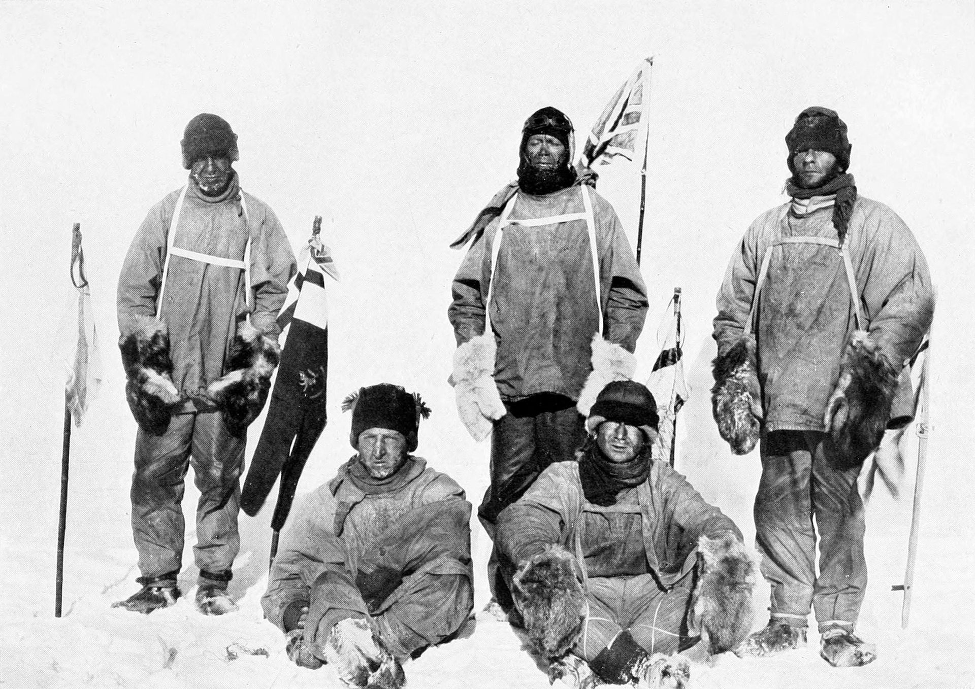 Robert Falcon Scott and his crew, close to the South Pole in 1912.