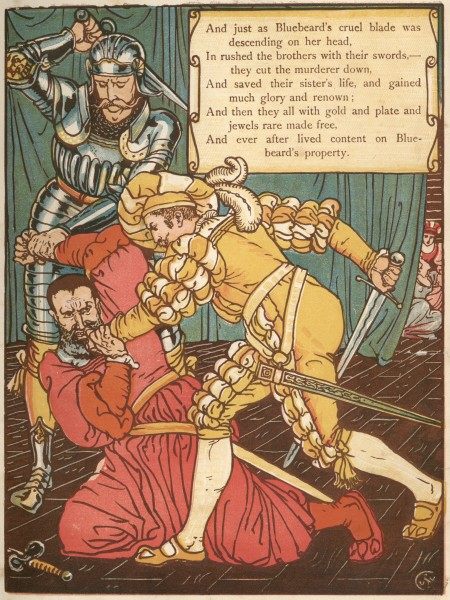 A depiction of Bluebeard's grisly end, in Walter Crane's <em>The Sleeping Beauty Picture Book</em>, 1915.