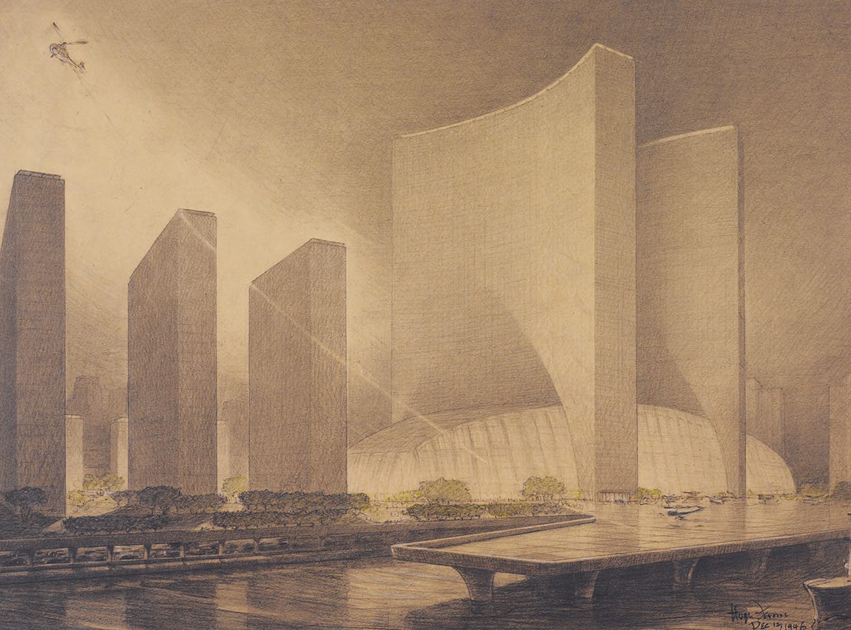 X-City, a complex proposed in 1946 on the East River, that would include curved skyscrapers, a concert hall, and as shown here, a runway for helicopters and small aircraft.