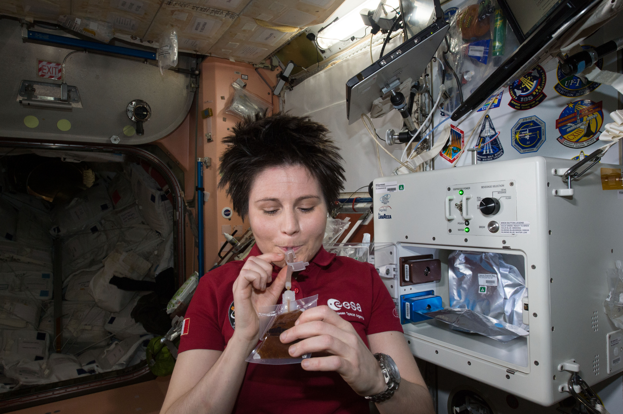   Samantha Cristoforetti becomes not only the first Italian woman in space, but also the first astronaut in history to drink authentic Italian espresso coffee in orbit. The ISSpresso project is an initiative by Argotec and Lavazza in a public/private sector partnership with the Italian Space Agency (ASI). 