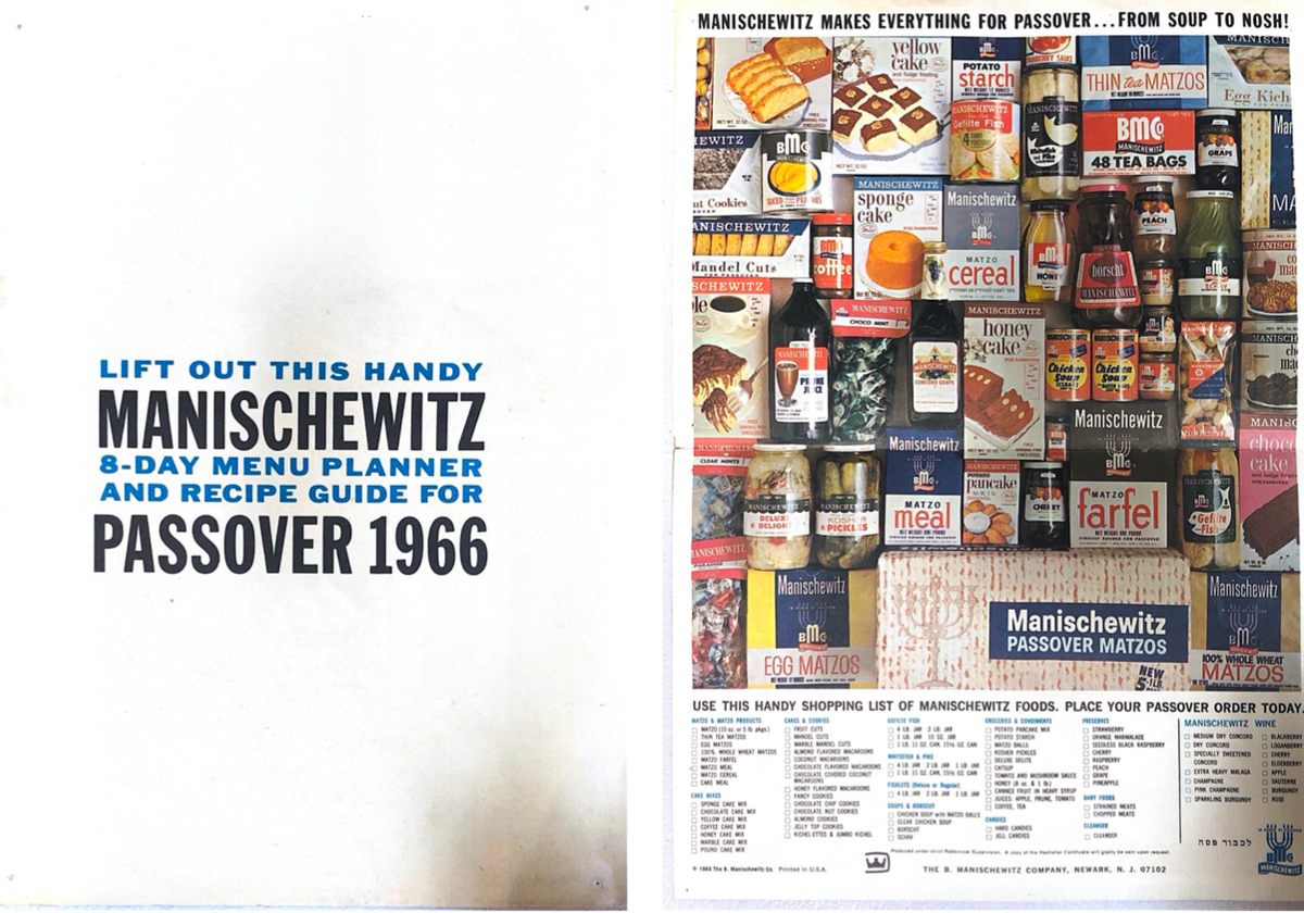 A Manischewitz guide to the Passover feast promoted the company's products, including matzoh, honey cake, and macaroons.