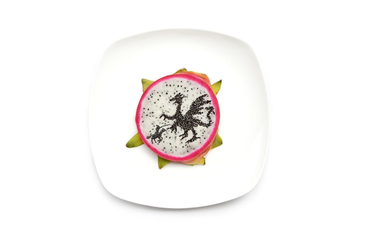 A knight on horseback attempts to slay the dragon(fruit).