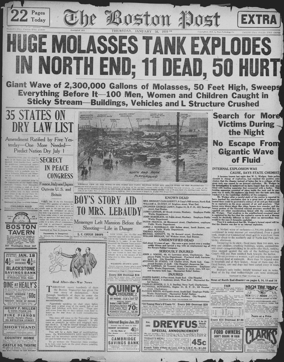 <em>Boston Post</em> edition of January 16, 1919, describing the Boston Molasses Disaster.
