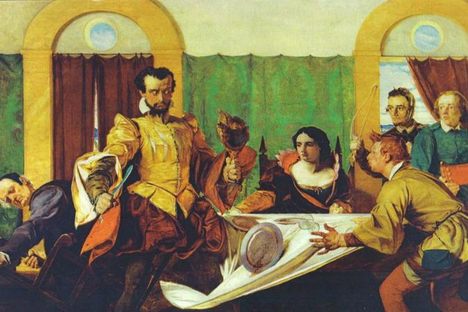 In The Taming of the Shrew, Petruchio sends plates flying at dinner.