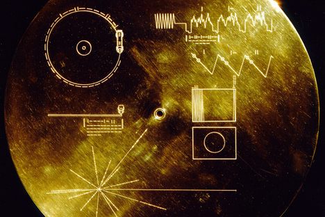 The cover of the Voyager Golden Record. Two of these are currently hurtling through space aboard probes, ready to be found by aliens.