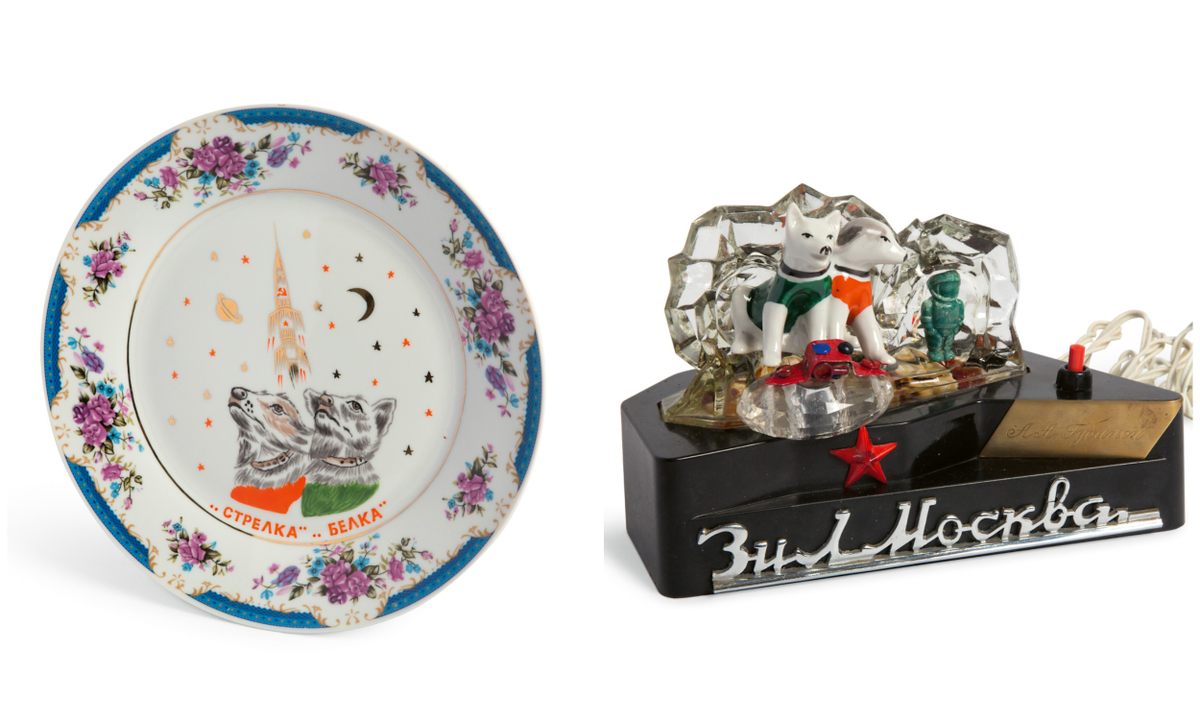 The 1960s saw a boom in space-dog swag, such as this porcelain plate and light featuring figurines of the canine cosmonauts.