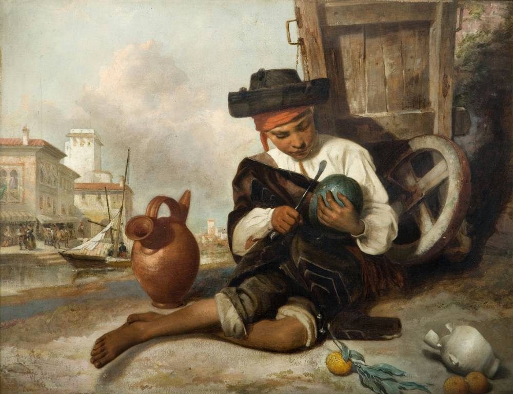This 1870s painting of a Spanish melon seller prominently features a <em>botijo.</em>