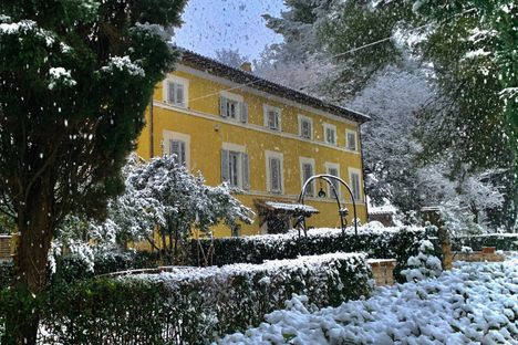 Front of the villa with snow