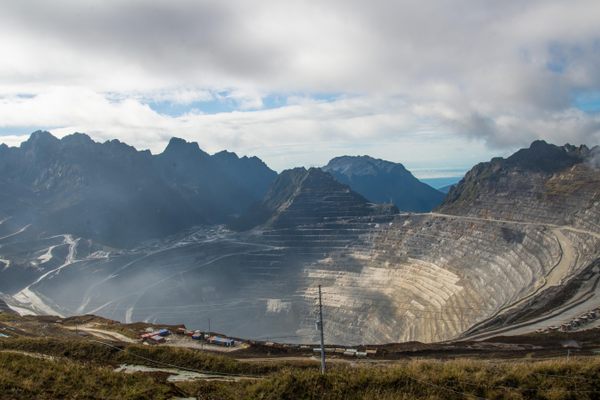 Aerial view of the gold and copper mining pit.