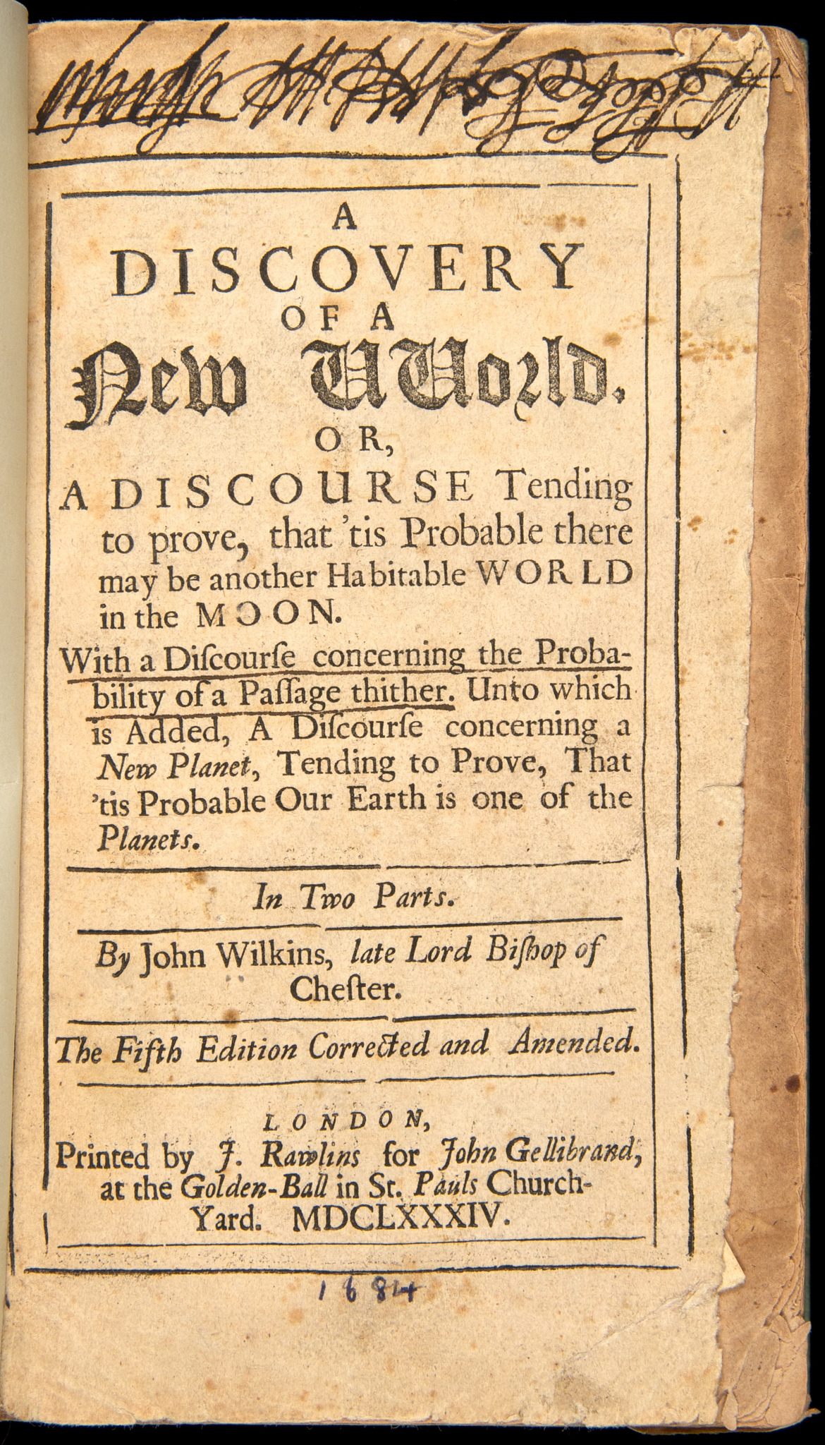 The frontispiece to John Wilkins' <em>A Discovery of a New World; or, A Discourse tending to Prove that 'tis probable there may be another habitable World in the Moon</em>.
