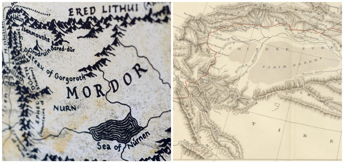 Both maps show a ring of mountains with a desert in the middle; the Himalayas become Ethel Duath and the Tian Shan mountains become Ered Lithui, which round in the top corner at the Pamir mountains.