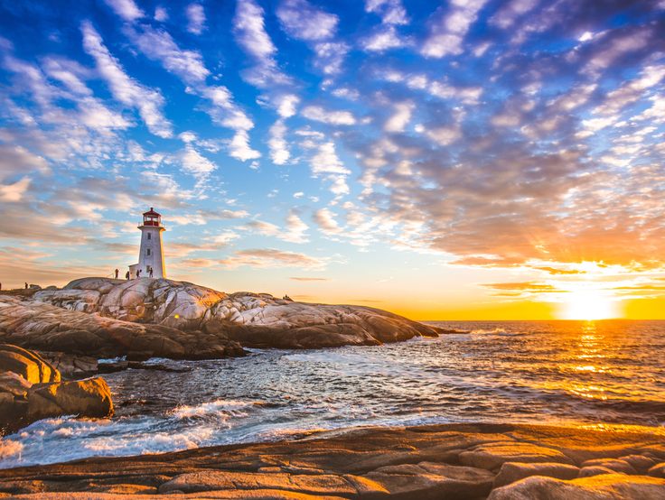 Nova Scotia coastline and lighthouse at sunset