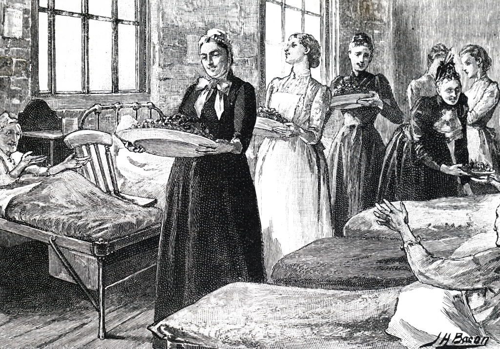This 1884 engraving shows women bringing a strawberry tea into an English workhouse.