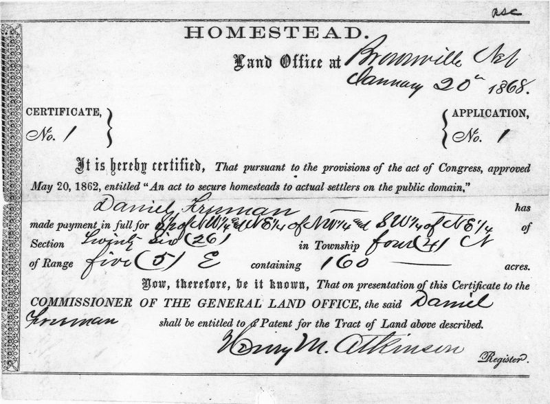 The first ever homesteading deed, granted to Daniel Freeman in January 1968, after he had worked the land for 5 years.