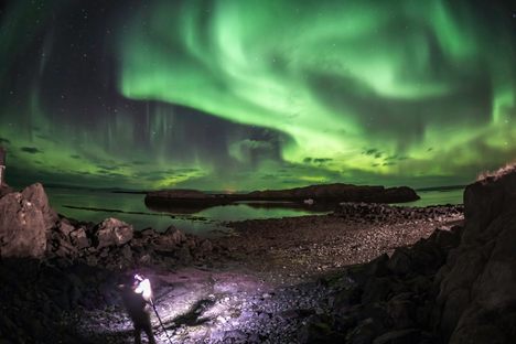 The Northern Lights over the wreck site off the northwest coast of Iceland.