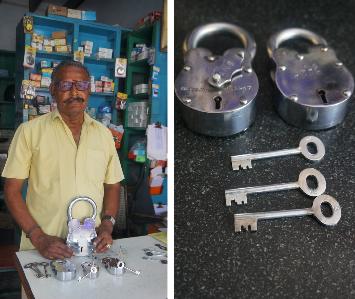 Hardware store owner R. Ragu says the mango models are always popular, despite stiff competition from machine-made brands (left); to open a mango lock, its iron rod needs to be tilted at a certain angle, while the "Vichitra" lock has three keys—one for a
cashier, one for the supervisor, one for the business owner.