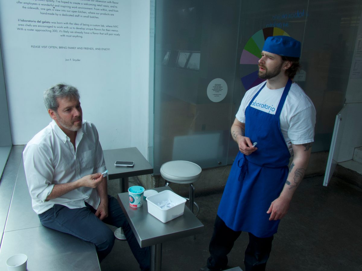 Snyder (left) and Smith ponder over the flavors within Blue Moon.
