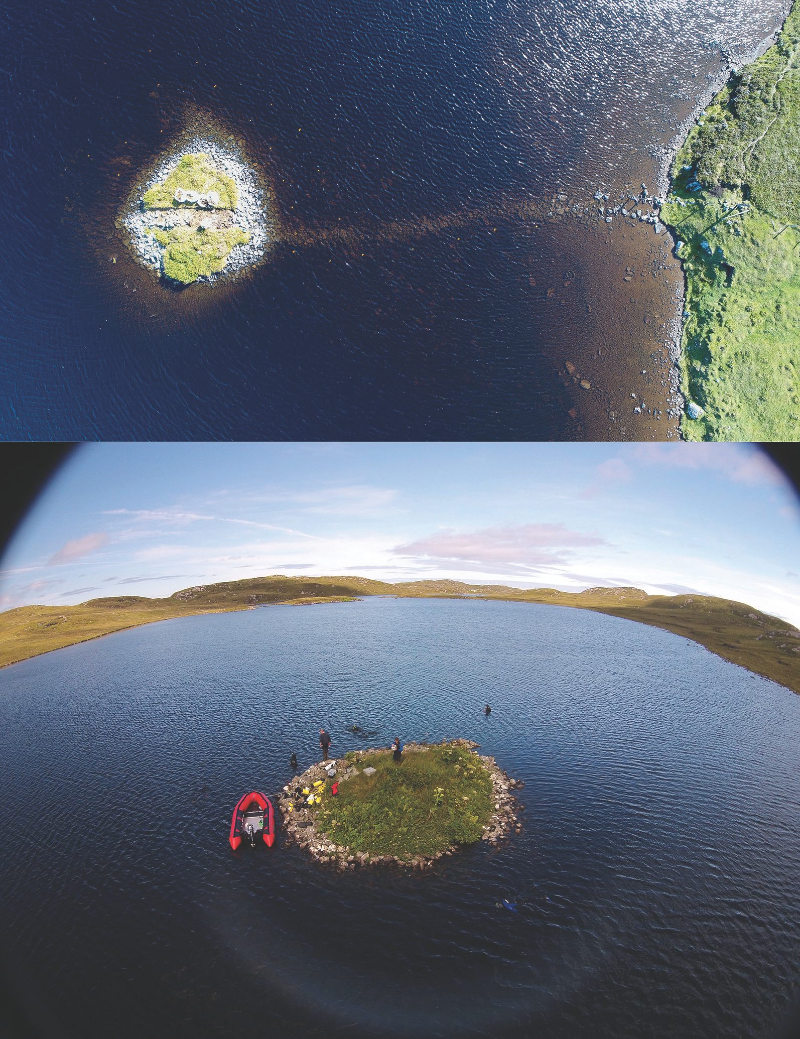 Aerial views of the islets in Loch Bhorgastail (top) and Loch Langabhat (bottom).