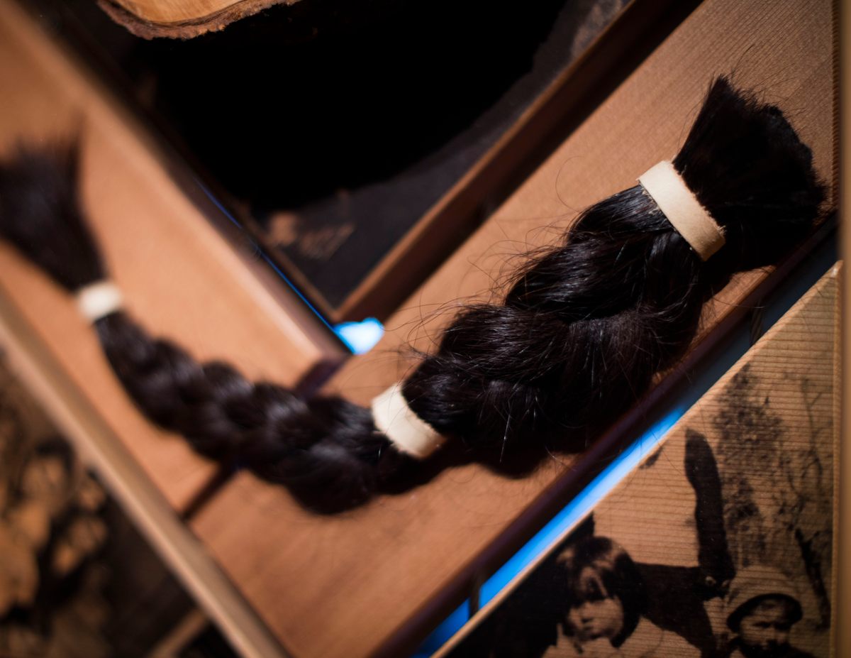 The hundreds of items that make up the Witness Blanket include braids of hair from family members of survivors of the Indian Residential School system.