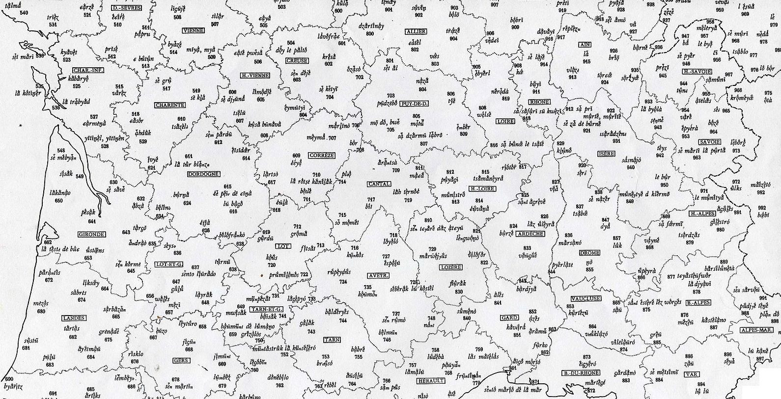 A page from the Atlas Linguistique de la France, mapping pronunciations onto localities.