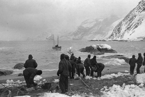 The James Caird at Elephant Island, preparing to set off for South Georgia Island.