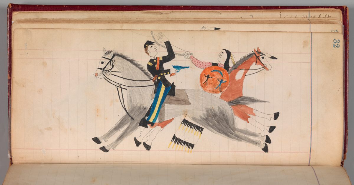 Ledger art depicting a Native American warrior in combat with a U.S. soldier.