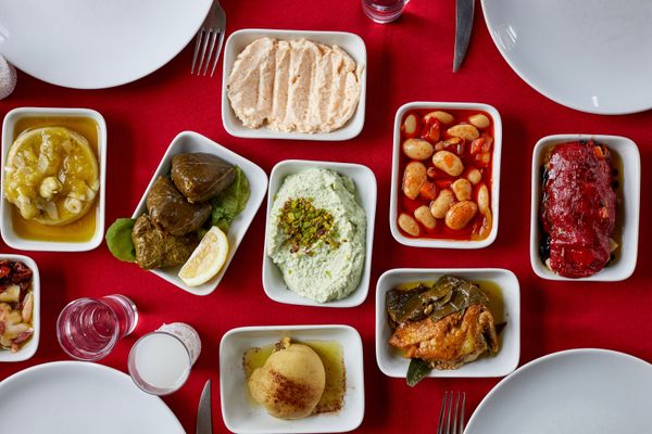 This spread of meze includes topik, dolma saraylı, bean pilaki, tarama, and artichoke.