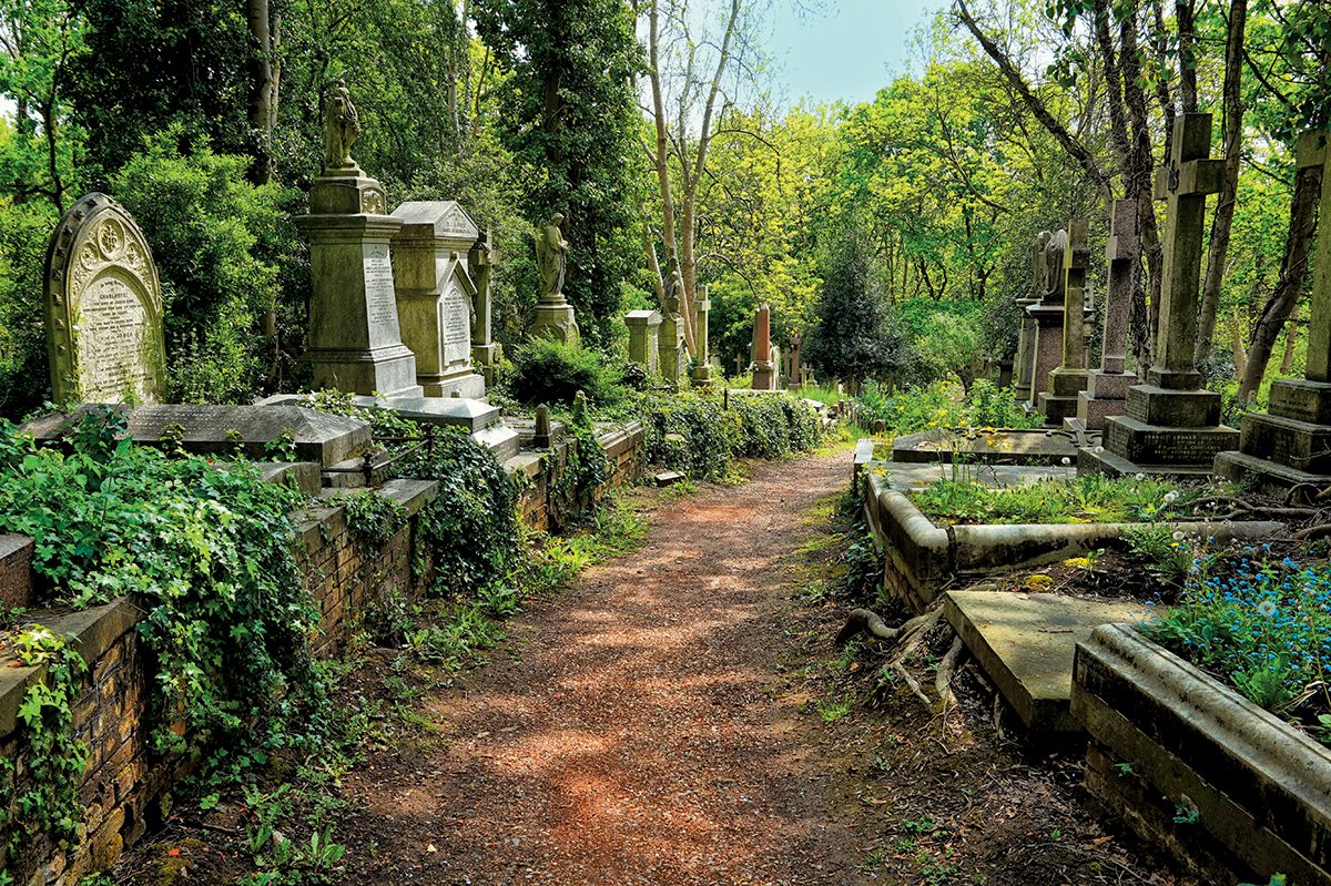 Highgate Cemetery, London, holds the grave of Karl Marx, among other famous figures.