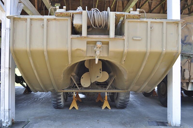 ear) view of DUKW, WWII-era US military amphibious vehicle. Fort Lewis Military Museum, Fort Lewis, Washington, USA