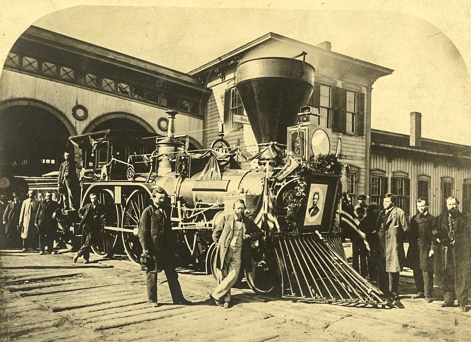 This Cleveland, Columbus & Cincinnati Railroad engine with a portrait of Abraham Lincoln on the front was one of several used to carry Lincoln's body from Washington, D.C., to Springfield, Illinois.