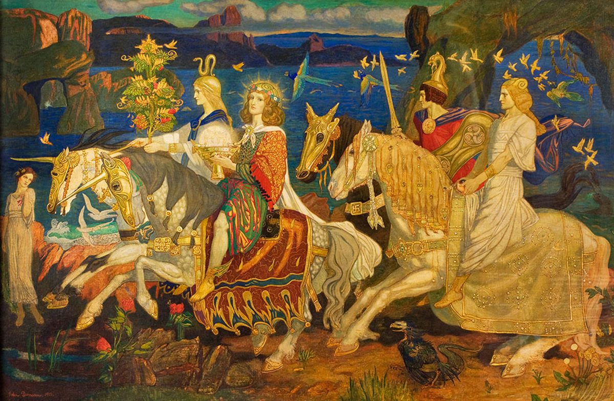 John Duncan’s <em>Riders of the Sidhe</em> (1911) depicts highly stylized fairies in the Irish tradition.