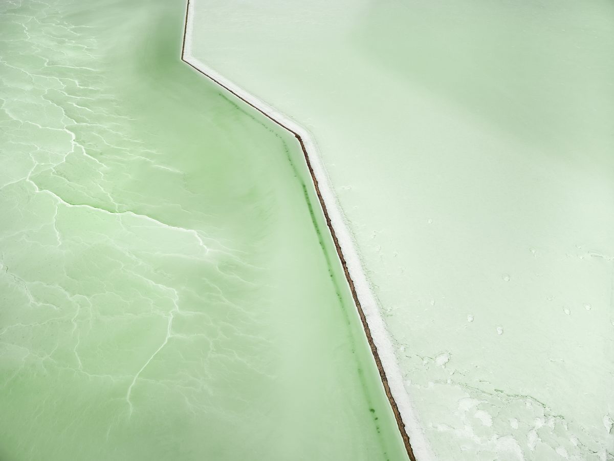 Large populations of salt-loving algae, particularly <em>Dunaliella viridis</em>, can give evaporation ponds a milky green hue.
