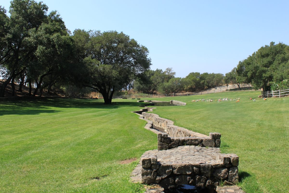 A meandering creek stretches to the end of a mostly untenanted long lawn at Bubbling Well.