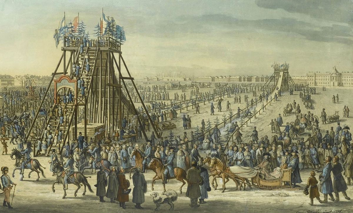 Catherine the Great dropped in to visit the "ice mountain" in St. Petersburg, depicted in this detail from an 18th-century painting by Benjamin Paterssen.