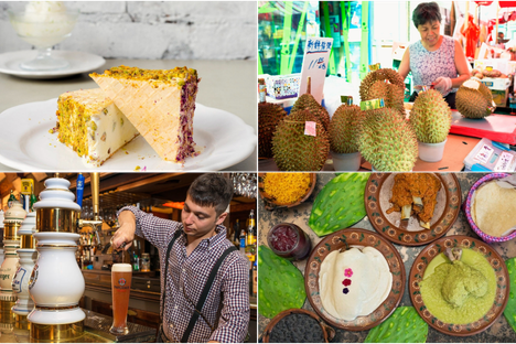 Clockwise from top-left: Persian ice-cream sandwiches, a durian seller in Manhattan, white mole at a Oaxacan restaurant, and Berliner weisse with fresh syrup.