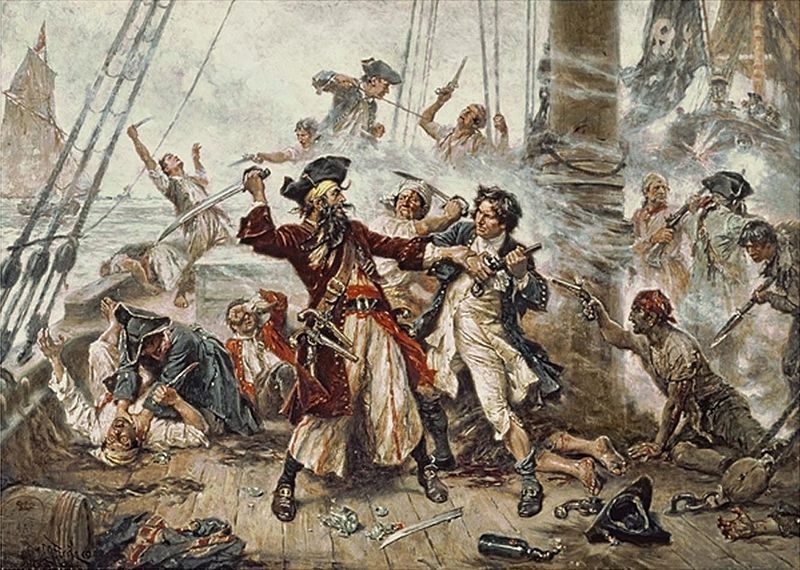 Capture of the Pirate, Blackbeard, 1718 depicting the battle between Blackbeard the Pirate and Lieutenant Maynard in Ocracoke Bay, from 1920